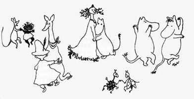 „Muminukų šokis“, piešinio autorė Tovė Jansson – iliustracija iš Sirke‘s Happonen pranešimo
