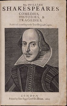 Williamo Shakespeare'o knygos titulinis puslapis, 1623. Iliustracija iš http://en.wikipedia.org/wiki/William_Shakespeare